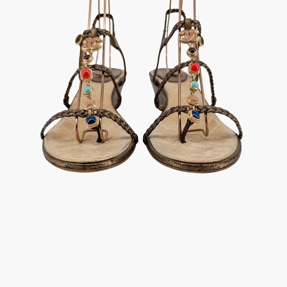 Chanel CC Gem Chain T-Strap Gold Quilted Leather Wedge Sandals Size 40 US 9-9.5 - Picture 4 of 14